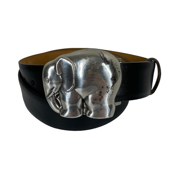 W. Kleinberg Elephant Buckle Black Leather Belt Large USA Made Luxury Chic - Picture 1 of 6